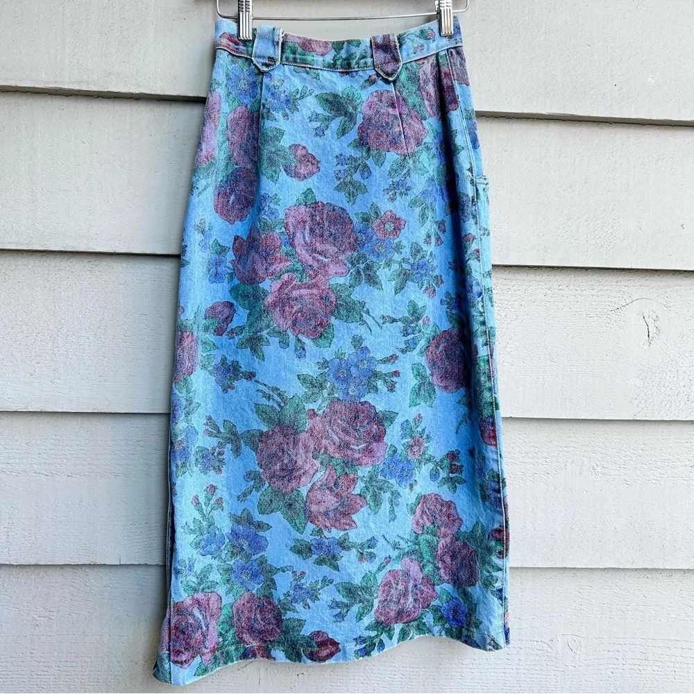 Vintage Floral Denim Skirt Side Buttons Midi Maxi 80s 90s Y2K Grunge Size XXS